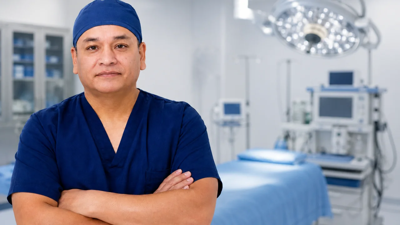 Dr. Yuri Arroyo en consulta médica explicando la ginecomastia