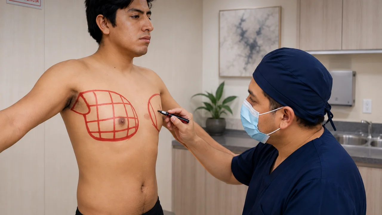 Dr. Yuri Arroyo realizando el marcaje preoperatorio a un paciente con ginecomastia
