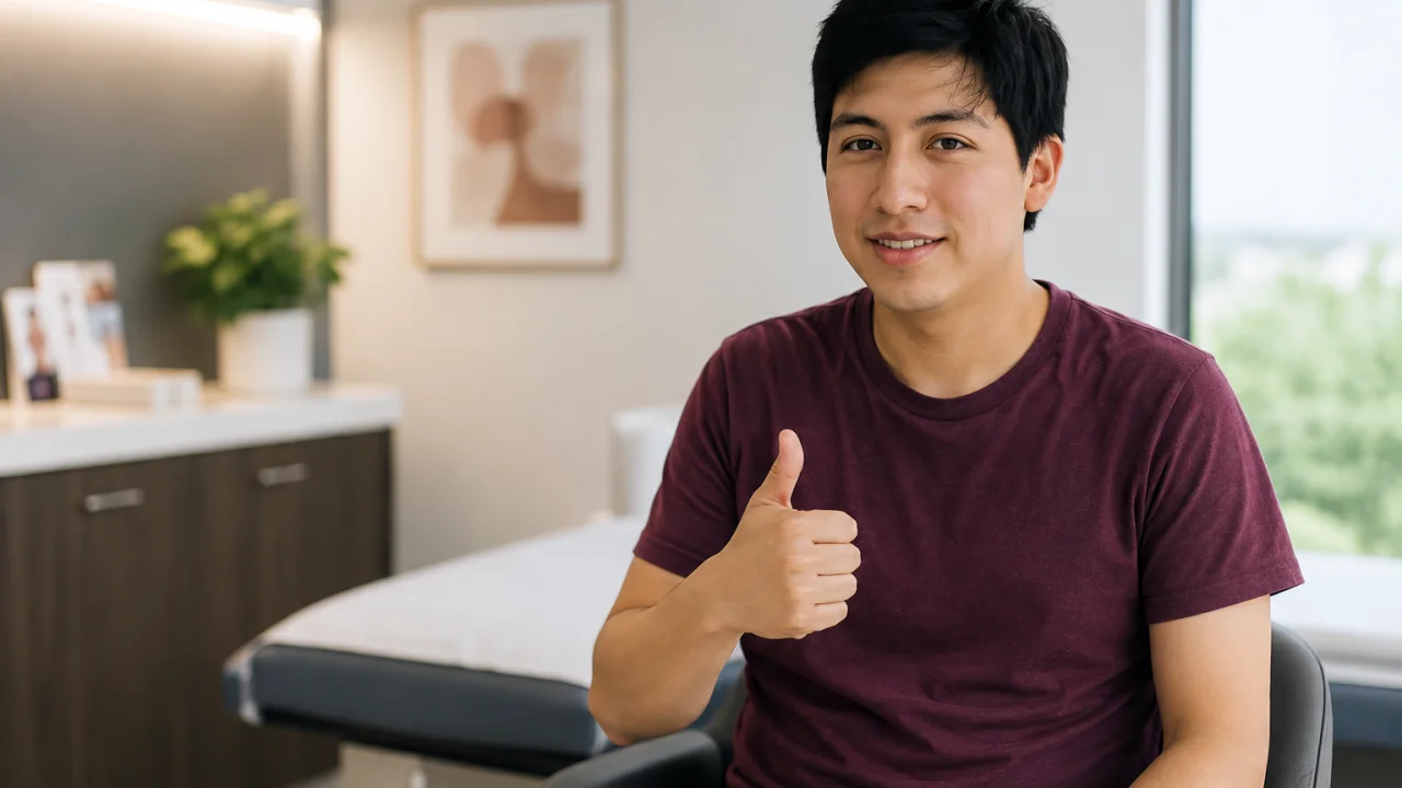 Paciente sonriente con gesto de aprobación durante una consulta